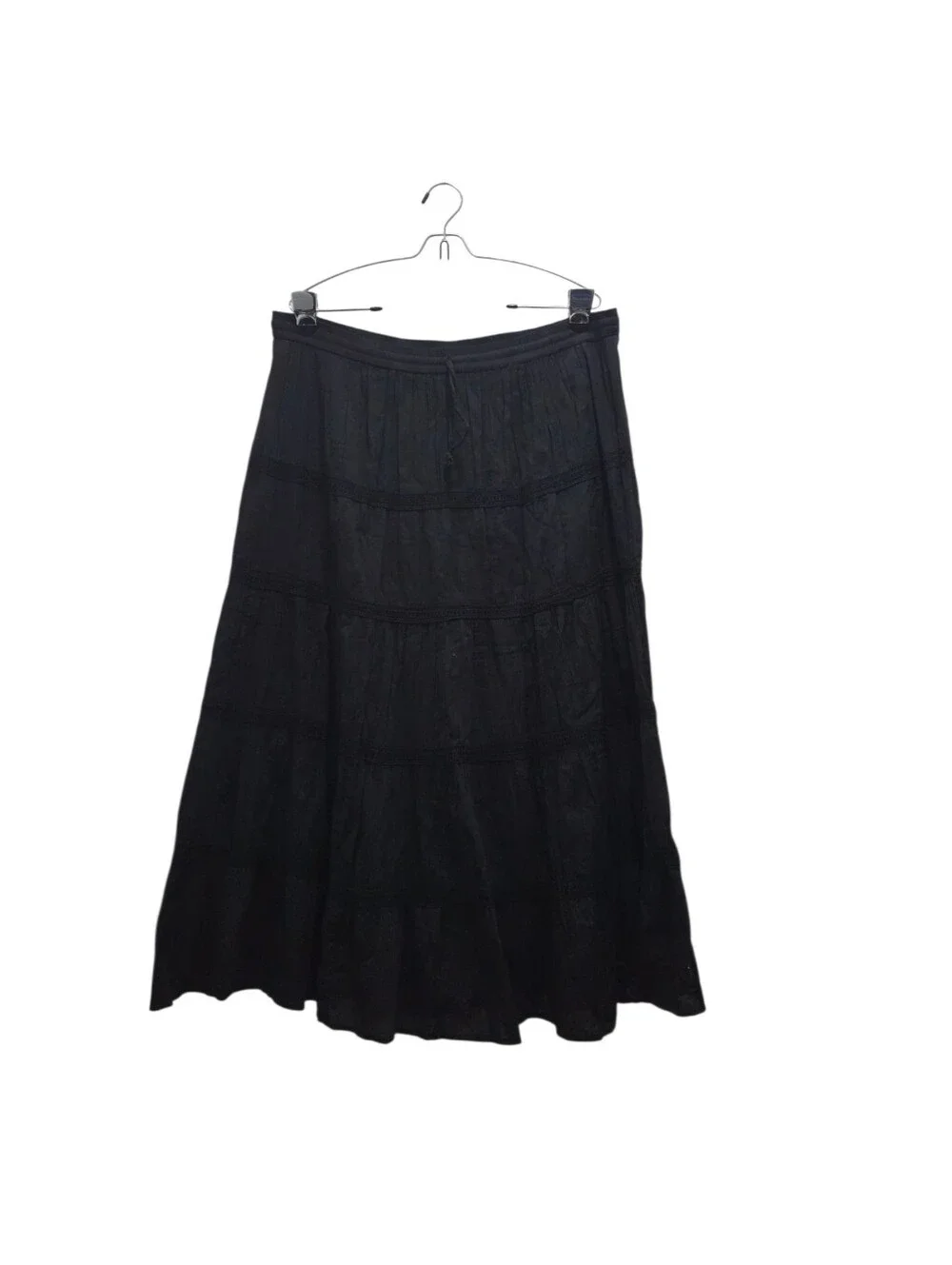 Laddi Black Crinkle Cotton Tiered Midi Skirt Drawstring Waist One Size Boho